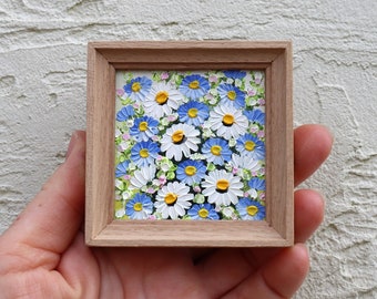 Mini Painting Daisy Forget-me-not Original Floral Art Small Square Artwork Miniature Oil Painting  Frame Painting Flowers Wall Art