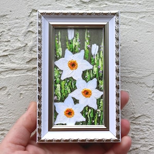 Daffodil Painting Small Artwork Original Miniature Floral Art Oil Painting Frame Painting Flowers Wall Art Decor 2.4х4.4 in