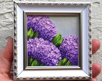 Hydrangea Oil Painting: Purple Artwork Flowers Original Small Impasto Art (3x3 in)