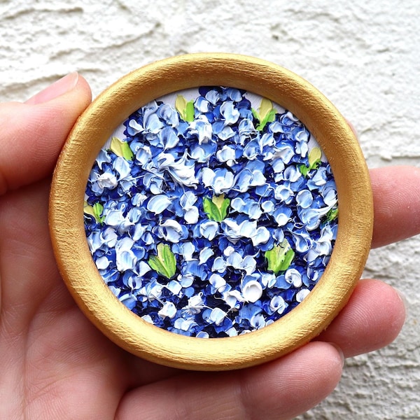 Forget-Me-Nots Painting Original Blue Flowers Oil Artwork Impasto Round Miniature Art
