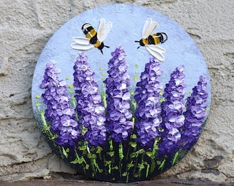 Bee Painting Miniature Bee on Lavender Flower Painting Small Round Purple Artwork Impasto Original Wall Art Honey bee