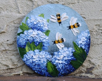 Bee Painting on Blue Hydrangea Flower Bumblebee Original Painting Small Artwork Miniature Wall Art Honey bee 4х4 in