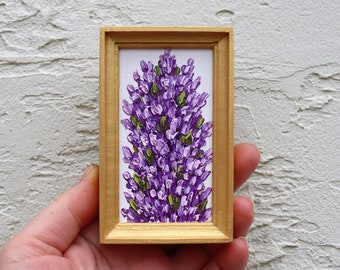 Lavender  Painting Miniature Art Mini Painting Flowers Small Purple Artwork Frame Oil Painting  Impasto Original Art Floral Wall Art