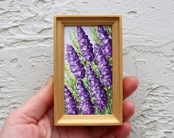 Lavender Miniature Art Mini Painting Purple Flowers Small Artwork Frame Oil Painting  Impasto Original Floral Wall Art