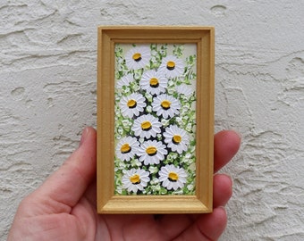 Daisy Small Painting Mini Flower Art White Daisies Flowers Artwork Oil Painting Framed Original Art Wall Art Home Decor