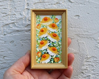 Roses Mini Painting in Frame Small Artwork Orange Flowers Oil Painting Miniature Impasto Original Floral Wall Art