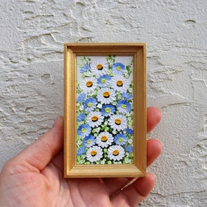 Daisy Forget-me-not Mini Painting Original Floral Art Small Artwork Miniature Oil Painting  Frame Painting Flowers Wall Art