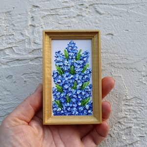 Oil Painting Forget-me-not Mini Original Art Floral Miniature Painting Framed Impasto Blue Flowers Small Artwork Wall Art