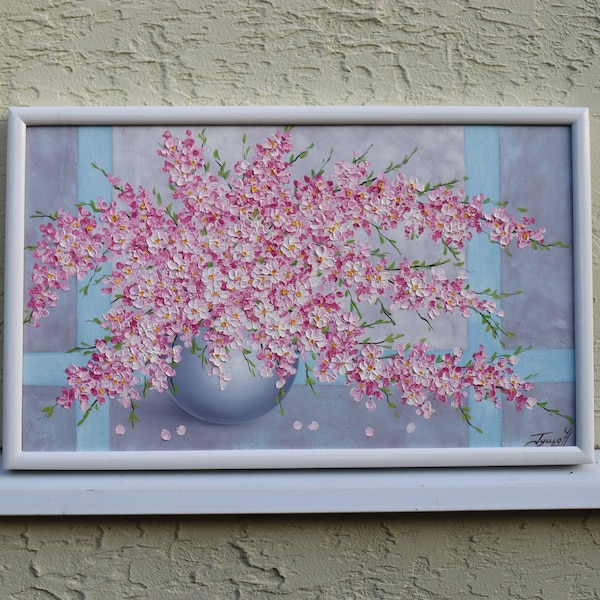 Cherry Blossom Original Art Painting Framed 12х20 Sakura Flowers Vase Still Life Oil Painting Artwork Impasto Canvas Floral Art Wall Decor