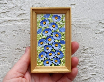 Forget-me-not Small Oil Painting Mini Original Art Floral Miniature Painting Framed Impasto Blue Flowers Artwork Wall Art