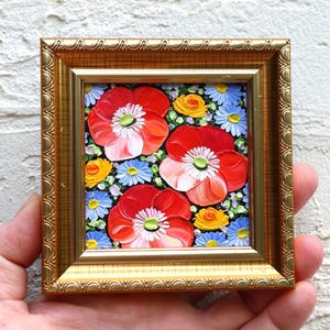 Poppy Oil Painting Red Poppies Miniature Flowers Impasto Small Artwork Original Floral Art 3х3 in