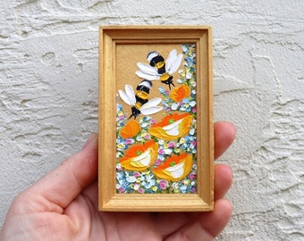 Bee Painting Miniature Bee on California Poppies Flower Painting Small Artwork  Impasto Original Wall Art Honey bee