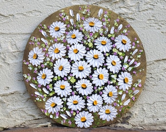 Daisies Painting Original Art White Daisy Oil Painting Impasto Round Small Artwork  Hand Painting Wall Art 6х6 in