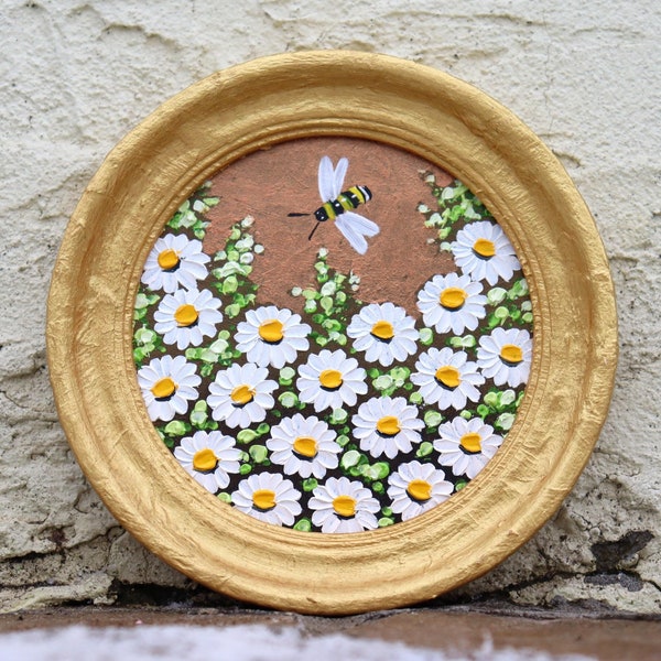 Bee Miniature Oil Painting on Daisies Original Round Small Artwork (3.6x3.6 in)