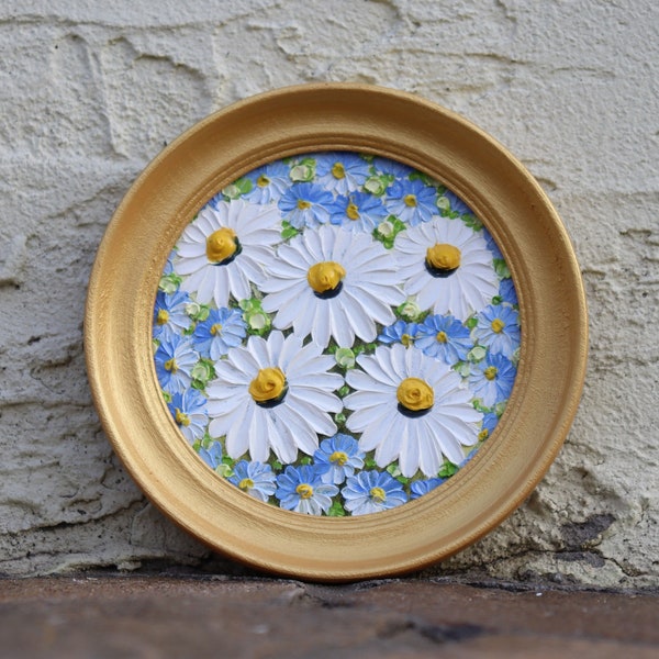 Daisy Painting Forget-me-not Art Original Flowers Artwork Miniature Floral Art Impasto Small Round Oil Painting Framed Wall Art