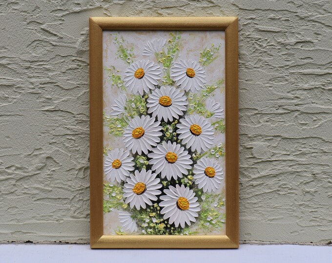 Daisies Original Art Oil Painting Artwork Framed Bouquet Flowers White ...