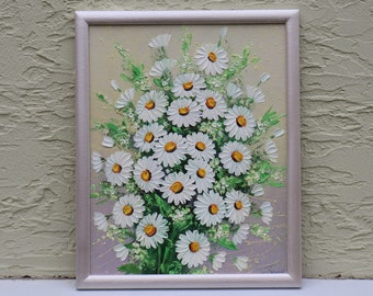 Daisies Oil Painting Original Art White Daisy Flowers Artwork Painting Framed Floral Art Home Wall Art 12х9.5 in