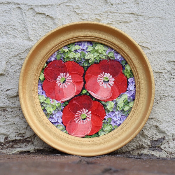 Poppy Painting Miniature Floral Art Round Small Original Oil Painting Frame Flower Red Poppy Artwork Palette Knife Wall Art
