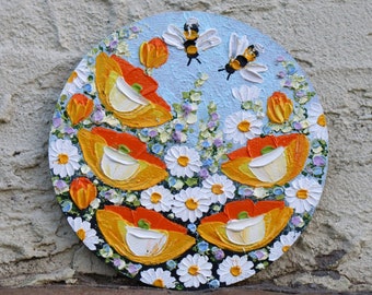 Bee Painting Miniature Bee on California Poppies Flower Painting Small Round Artwork  Impasto Original Wall Art Honey bee