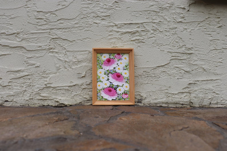 Roses Painting Small Artwork Pink Flowers Roses Daisy Oil Painting Frame Floral Miniature Impasto Original Art Wall Art image 8