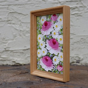 Roses Painting Small Artwork Pink Flowers Roses Daisy Oil Painting Frame Floral Miniature Impasto Original Art Wall Art image 7