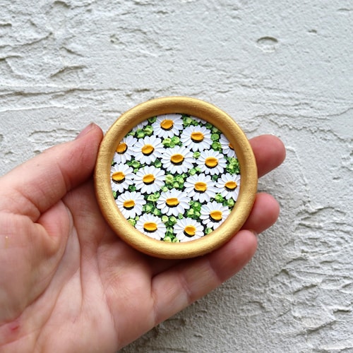 Daisy Oil Painting Round Miniature Original Floral Art White Flowers Artwork Hand painted
