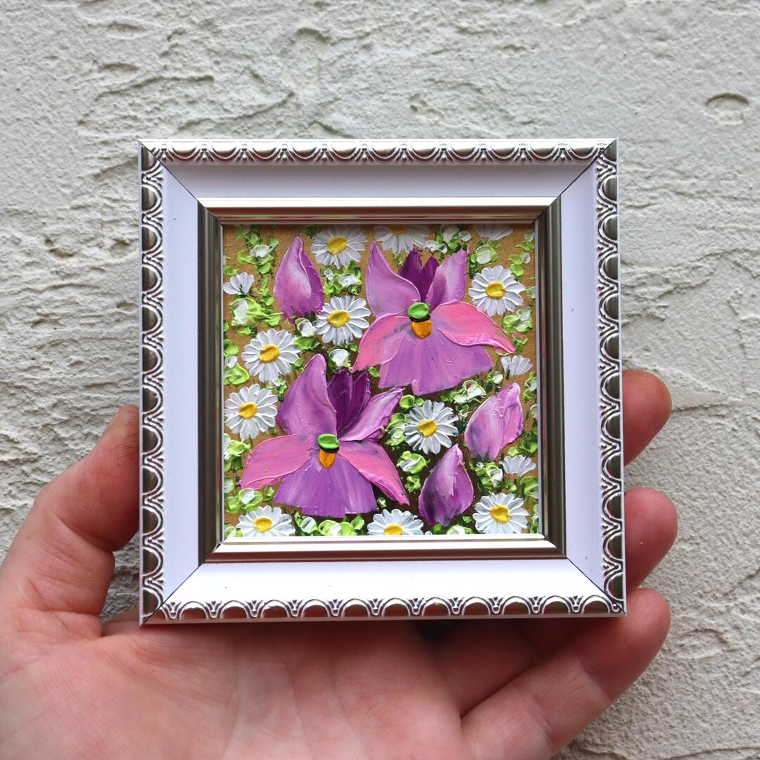 Iris Artwork Original Oil Painting Purple Miniature Floral Art 3x3 Inch ...