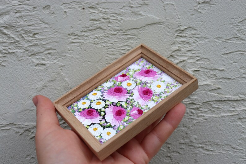 Roses Painting Small Artwork Pink Flowers Roses Daisy Oil Painting Frame Floral Miniature Impasto Original Art Wall Art image 4