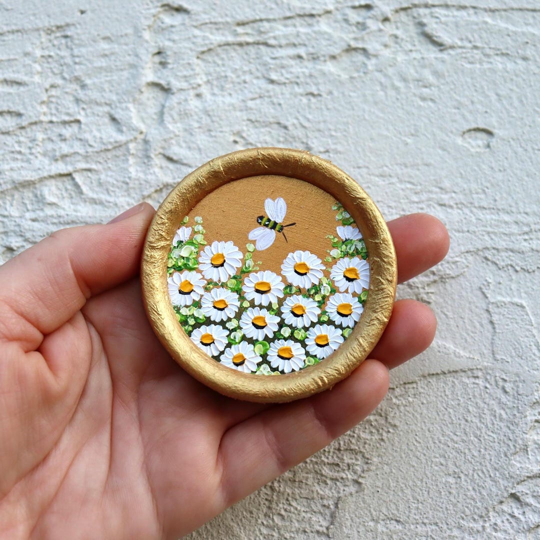Bee Artwork Daisy Miniature Oil Painting Original Floral Art Small ...