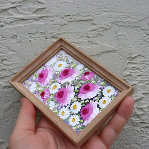 Roses Painting Small Artwork Pink Flowers Roses Daisy Oil Painting Frame Floral Miniature Impasto Original Art Wall Art image 3