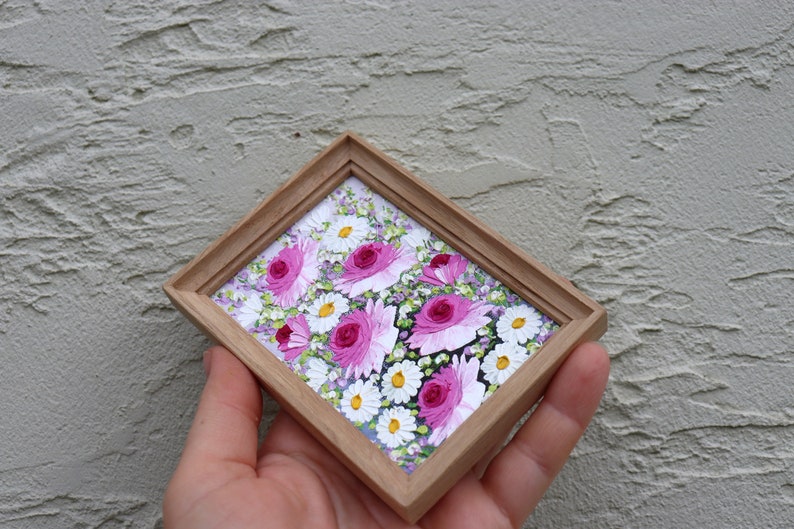 Roses Painting Small Artwork Pink Flowers Roses Daisy Oil Painting Frame Floral Miniature Impasto Original Art Wall Art image 3