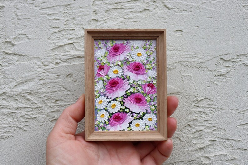 Roses Painting Small Artwork Pink Flowers Roses Daisy Oil Painting Frame Floral Miniature Impasto Original Art Wall Art image 1