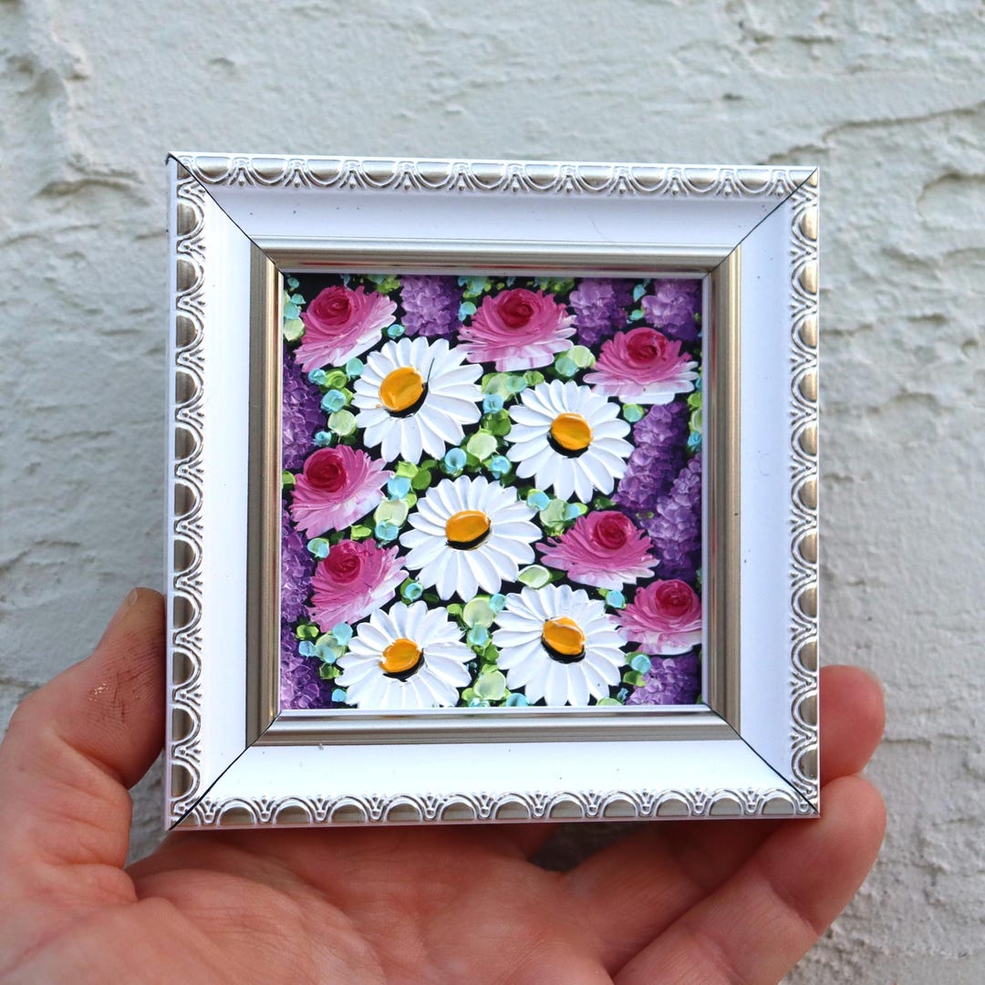Daisies Oil Painting Roses Original Miniature Bouquet Flowers Artwork ...