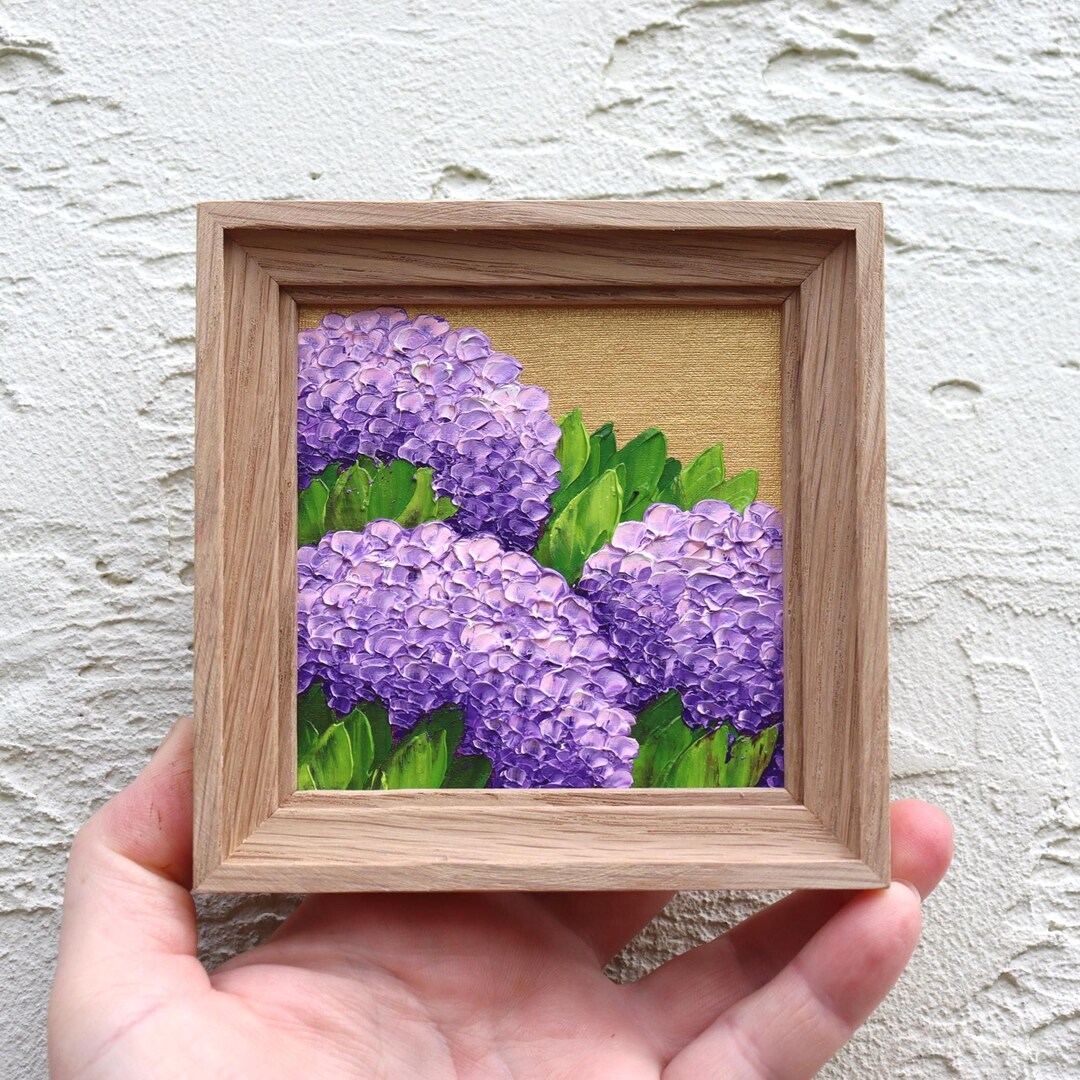 Hydrangea Small Oil Painting Original Flower Art Purple Artwork Square ...