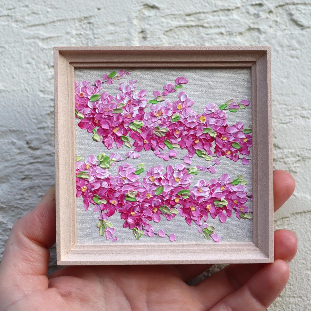 Cherry Blossom Oil Painting Sakura Pink Artwork Original Small Square ...