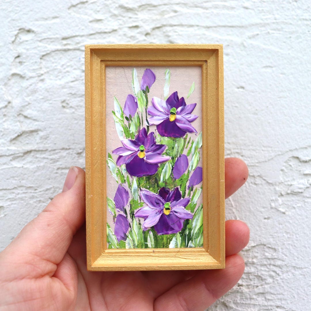 Iris Oil Painting Miniature Original Art Purple Artwork Floral Wall Art ...