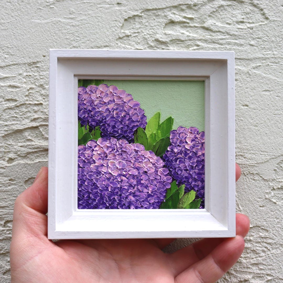 Hydrangea Oil Painting: Original Square Small Purple Artwork Floral ...