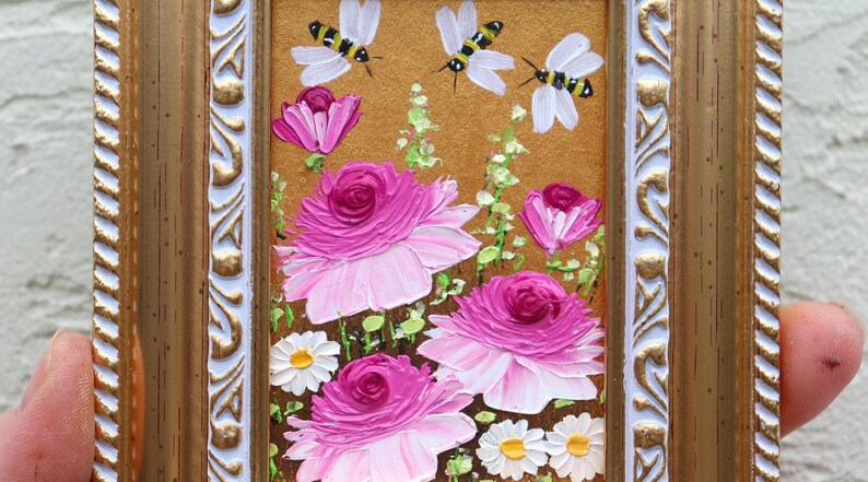 Bee Oil Painting Pink Roses Artwork Original Small Impasto Floral Art ...