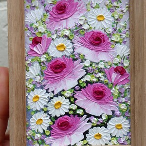 Roses Painting Small Artwork Pink Flowers Roses Daisy Oil Painting Frame Floral Miniature Impasto Original Art Wall Art image 2