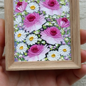 Roses Painting Small Artwork Pink Flowers Roses Daisy Oil Painting Frame Floral Miniature Impasto Original Art Wall Art image 6