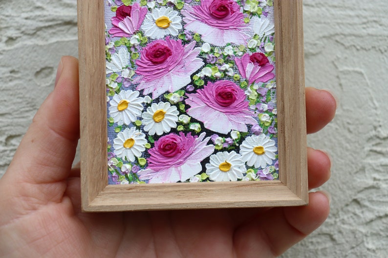 Roses Painting Small Artwork Pink Flowers Roses Daisy Oil Painting Frame Floral Miniature Impasto Original Art Wall Art image 6