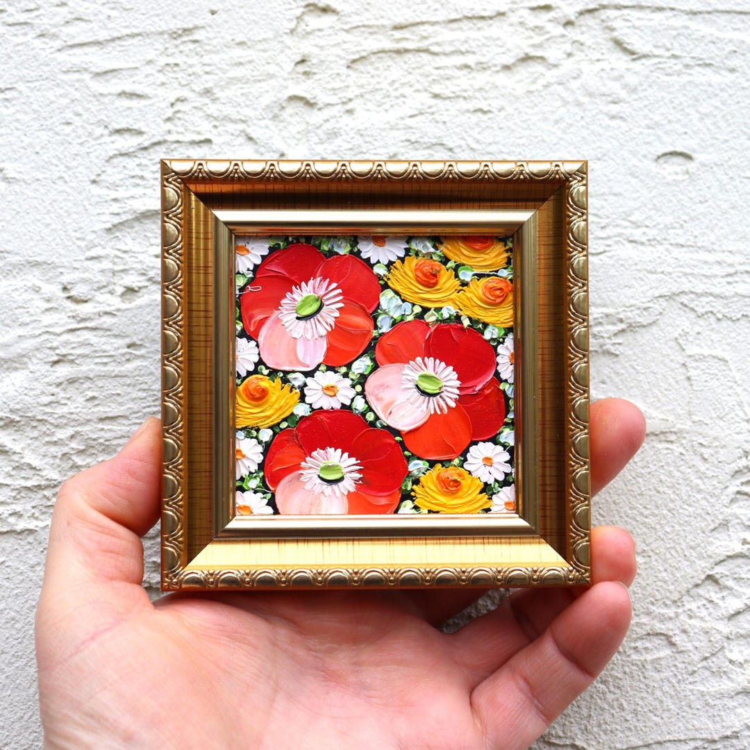 Poppy Oil Painting Original Red Artwork Miniature Impasto Flowers Art ...