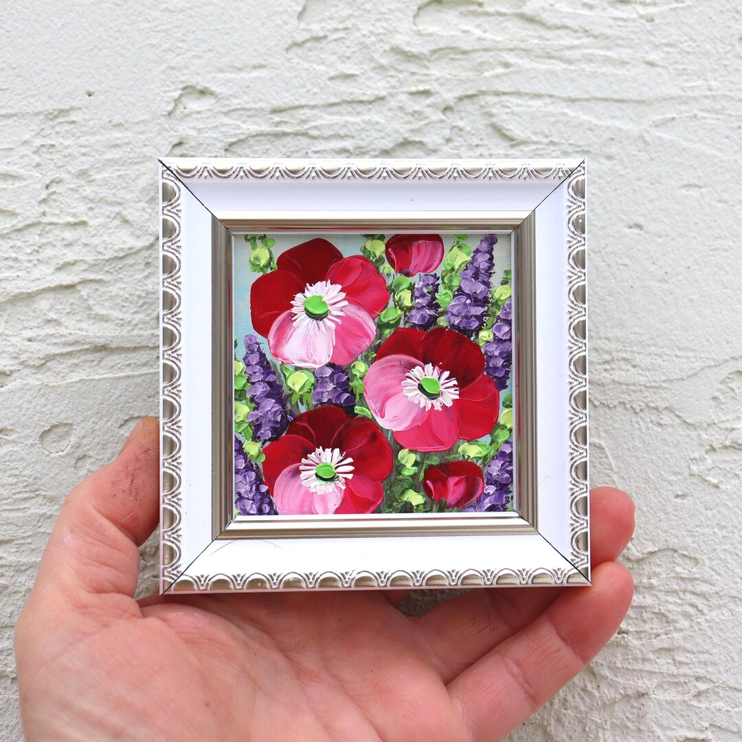 Poppy Oil Painting Original Miniature Impasto Art Red Flowers Artwork ...