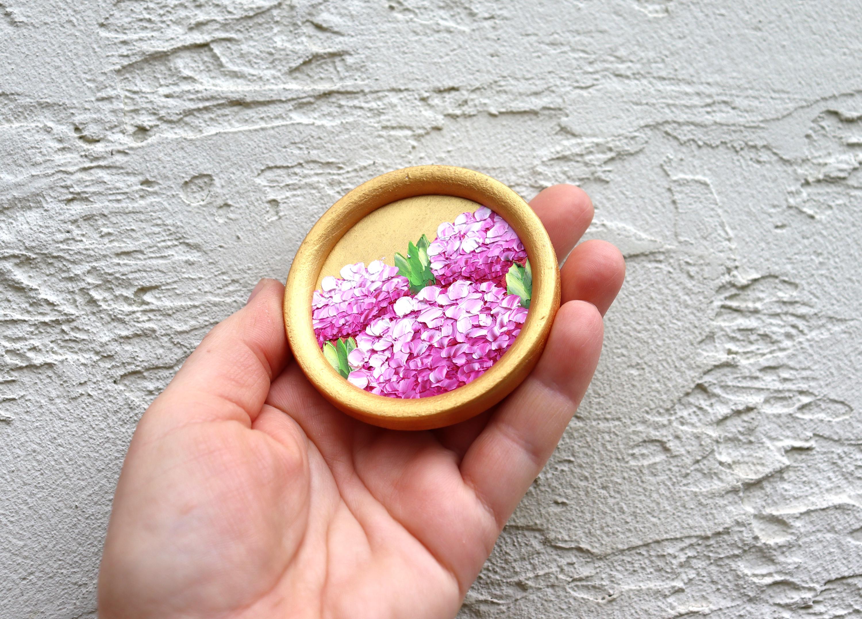 Hydrangea Oil Painting Pink Flowers Original Art Miniature Round ...