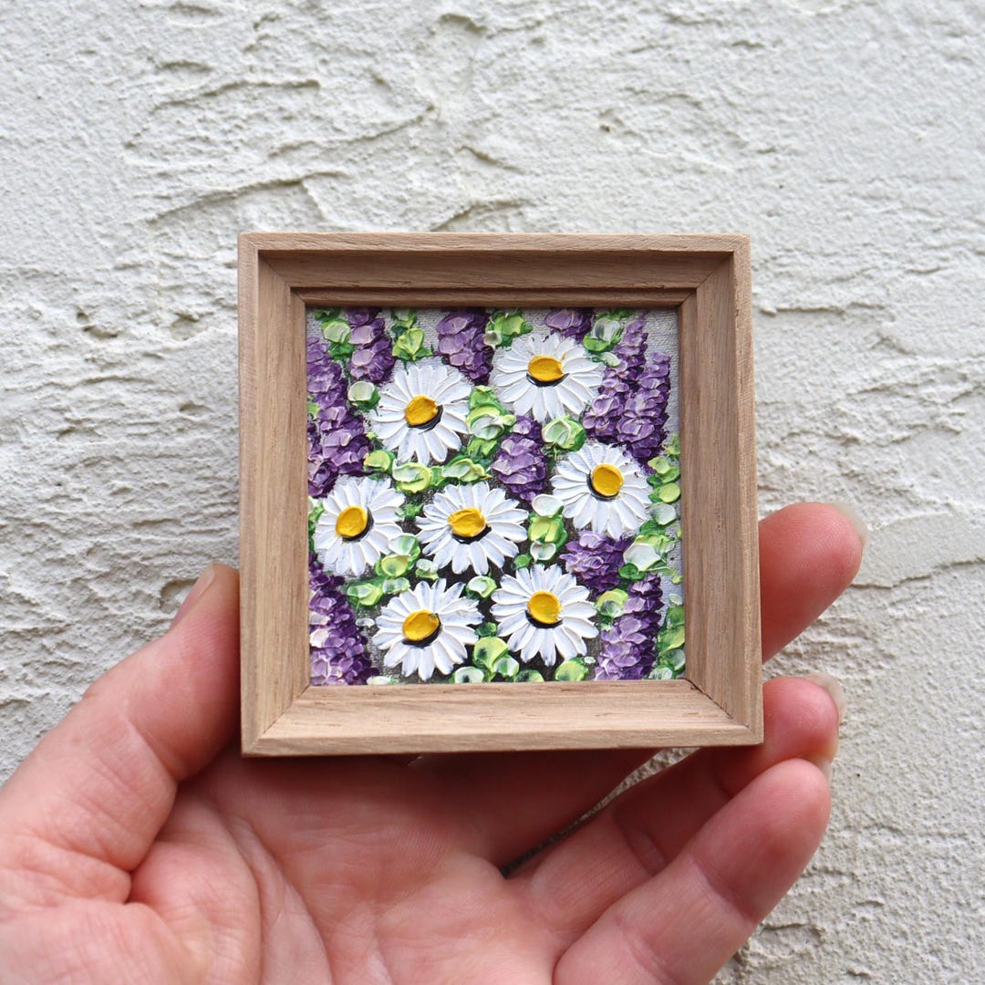 Original Impasto Oil Painting: Daisy Lilac Floral Miniature Wall Art (2 ...