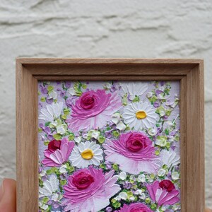 Roses Painting Small Artwork Pink Flowers Roses Daisy Oil Painting Frame Floral Miniature Impasto Original Art Wall Art image 5