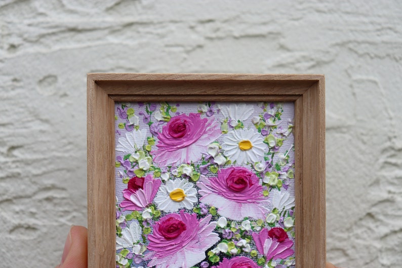 Roses Painting Small Artwork Pink Flowers Roses Daisy Oil Painting Frame Floral Miniature Impasto Original Art Wall Art image 5