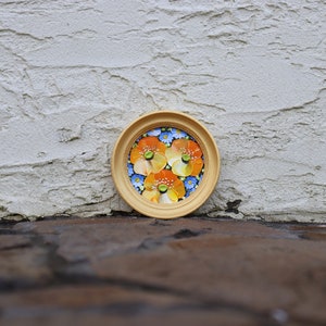 California Poppy Forget-me-not Mini Original Painting Yellow Flowers Small Artwork Round Oil Painting Gold Frame Wall Art 2.4х2.4 inch image 8
