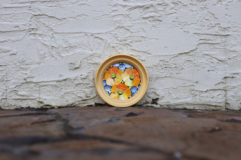 California Poppy Forget-me-not Mini Original Painting Yellow Flowers Small Artwork Round Oil Painting Gold Frame Wall Art 2.4х2.4 inch image 8