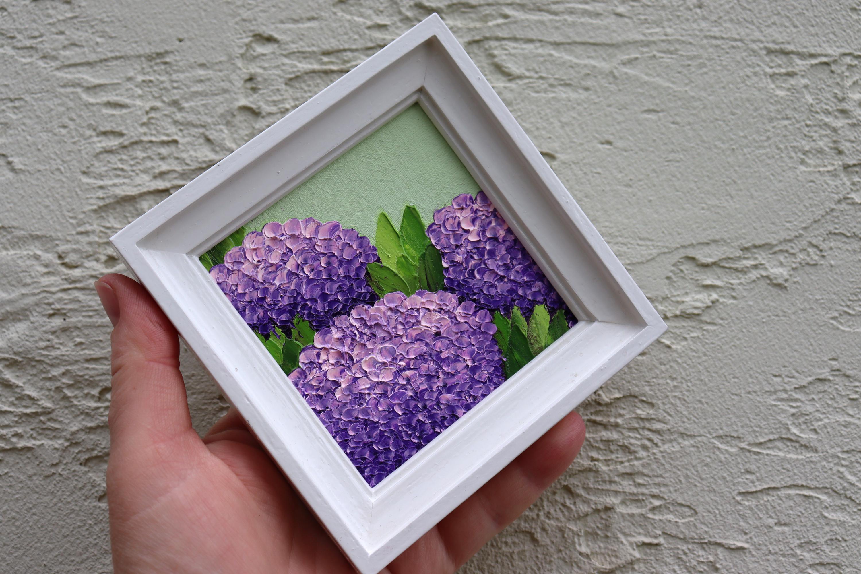 Hydrangea Oil Painting: Original Square Small Purple Artwork Floral ...